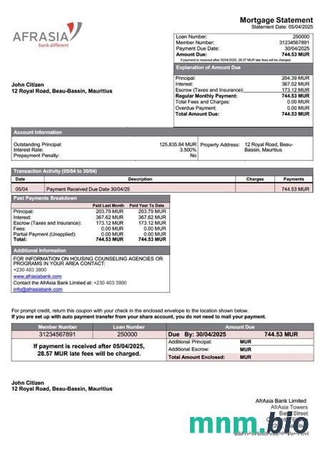 Mauritius AfrAsia Bank Limited wyciąg z kredytu hipotecznego szablon Word i PDF